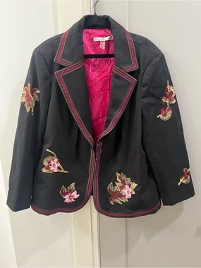 Peter Nygard Vintage Black Blazer with Pink Embroidery and Lining